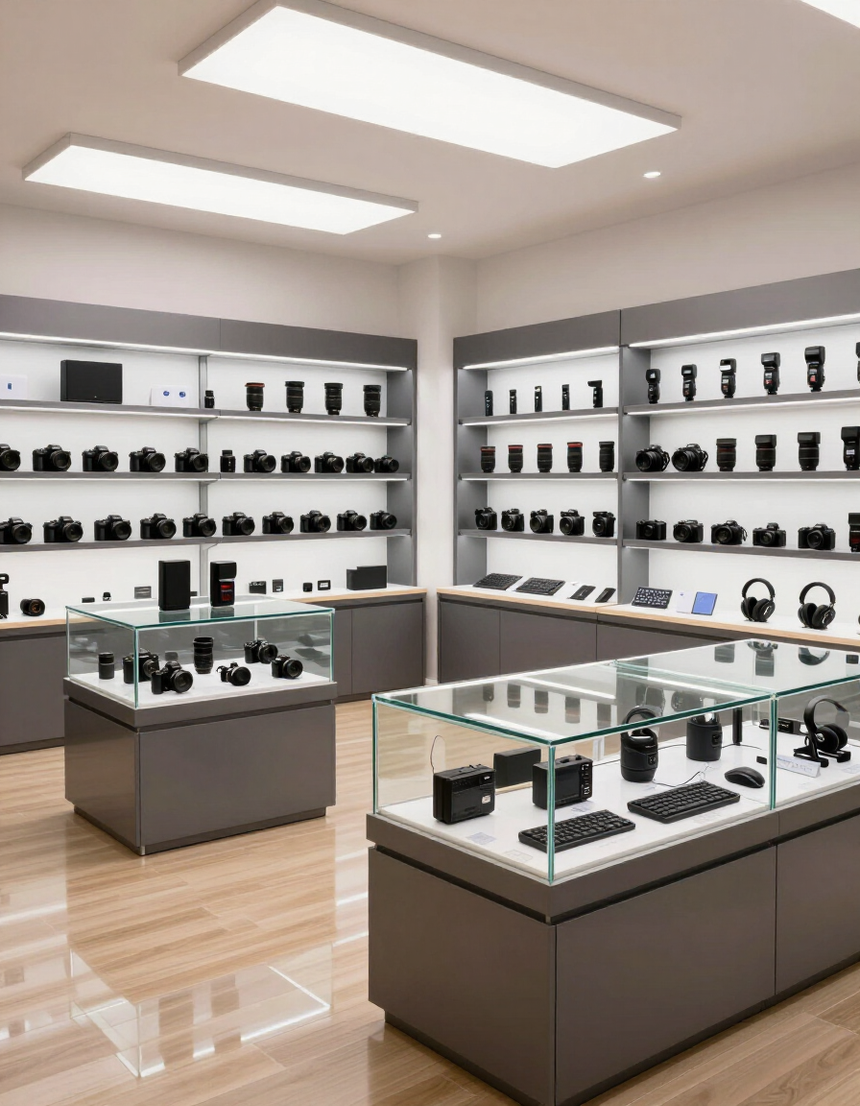 Interior moderno de una tienda de fotografía con vitrinas de cristal y estantes con cámaras y objetivos negros.