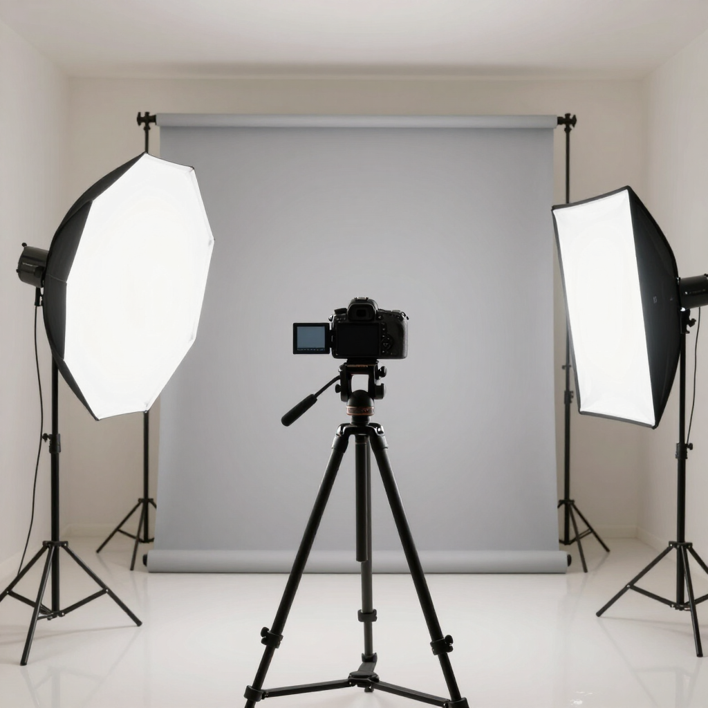 Montaje de estudio fotográfico con cámara en trípode, fondo y dos focos softbox.