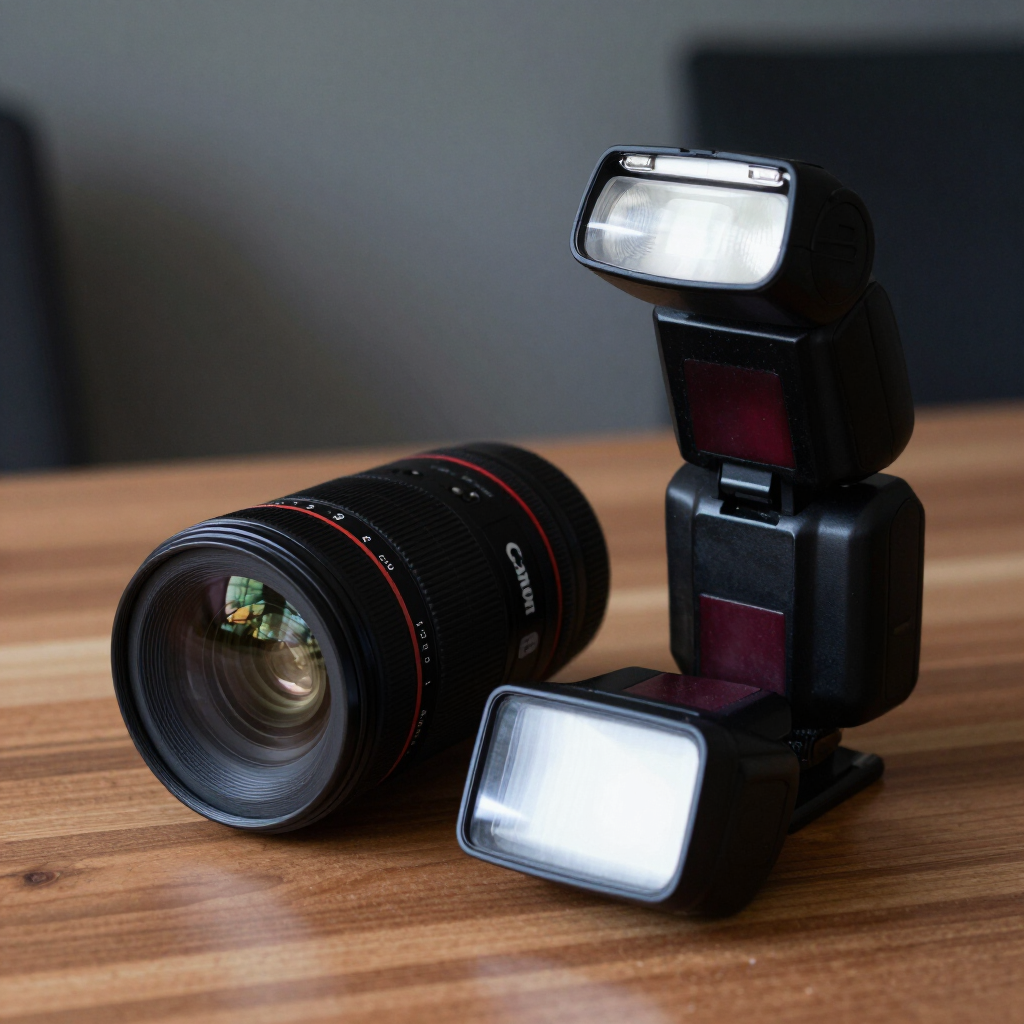 Objetivo de cámara junto a una unidad de flash compacta sobre una mesa de madera.