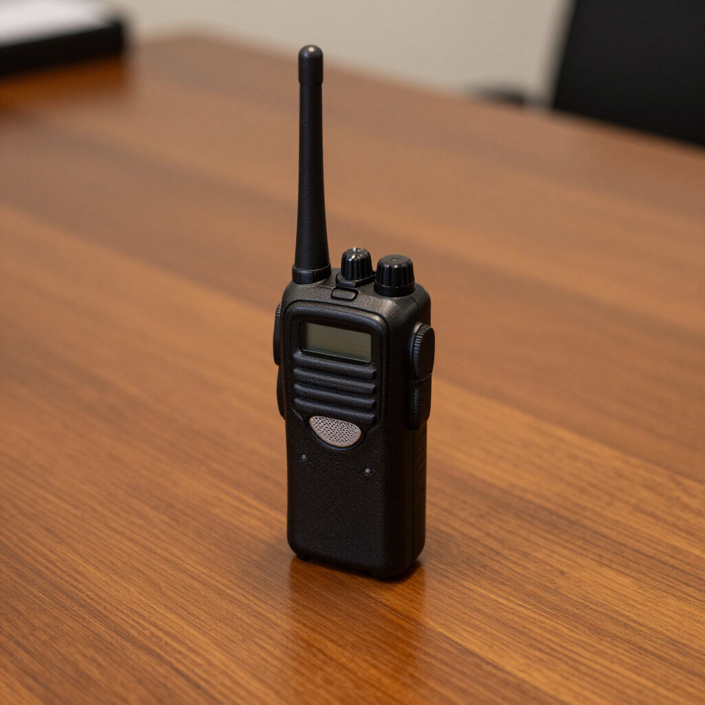 Un walkie-talkie negro de mano sobre una mesa de madera.