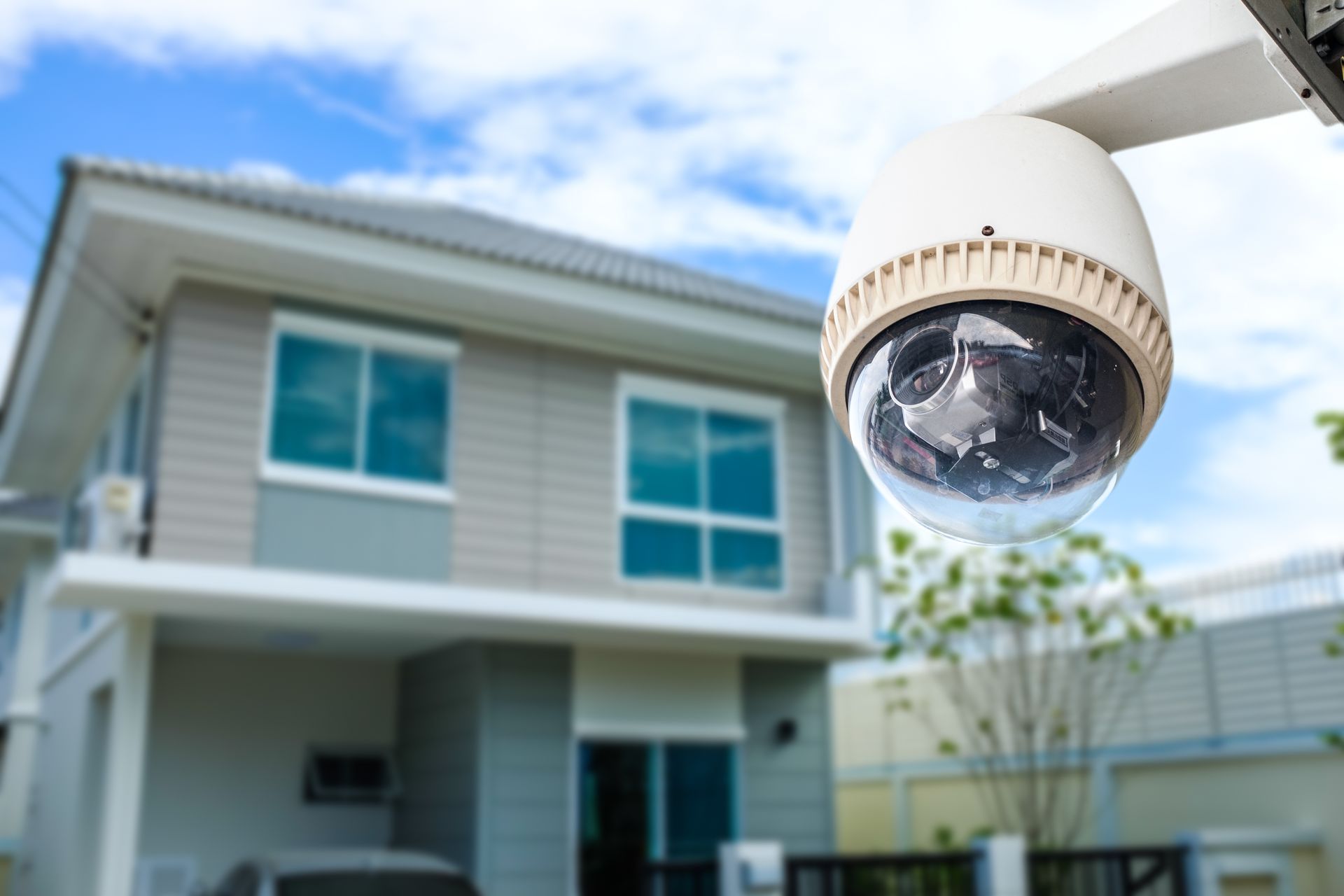 Close-up of a dome security camera outside a two-story house with a blurred yard and blue sky.
