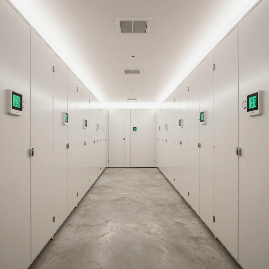 Clean indoor hallway of climate controlled storage units
