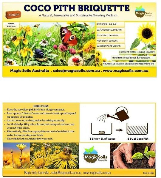 Coco pith briquette product flyer with plants, sunflower, and instructional diagram for mixing with water