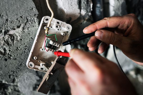 Hands using a multimeter to test exposed electrical wiring in a wall outlet box