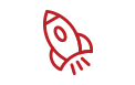 A dark red outline of a cartoon rocket ship angled upward, with lines underneath indicating motion or thrust.
