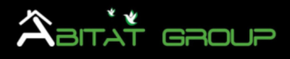 Logo di ABIT GROUP con testo verde, elenco dei servizi di costruzione, numero di telefono, indirizzo email e foto di una casa su sfondo nero.