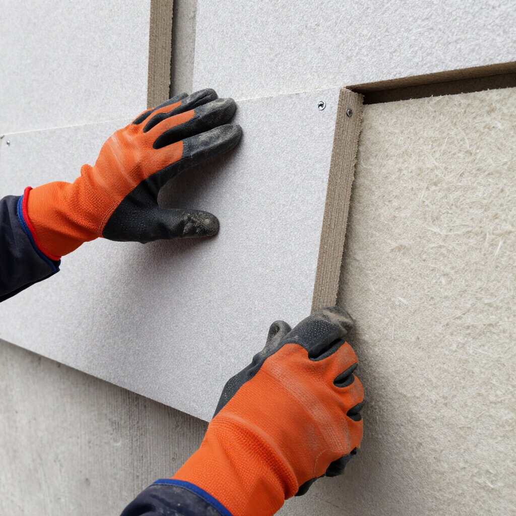 Mani con guanti arancioni e neri posizionano un pannello murale grigio sulla facciata di un edificio.