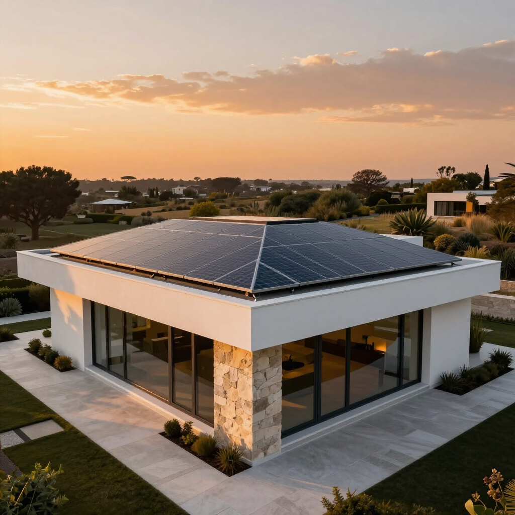 Casa moderna con pannelli solari sul tetto al tramonto