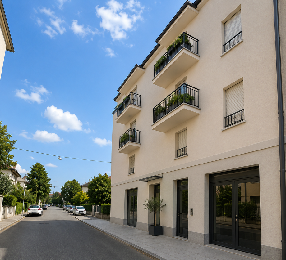 Tranquilla strada residenziale accanto a un palazzo beige con balconi sotto un cielo azzurro.