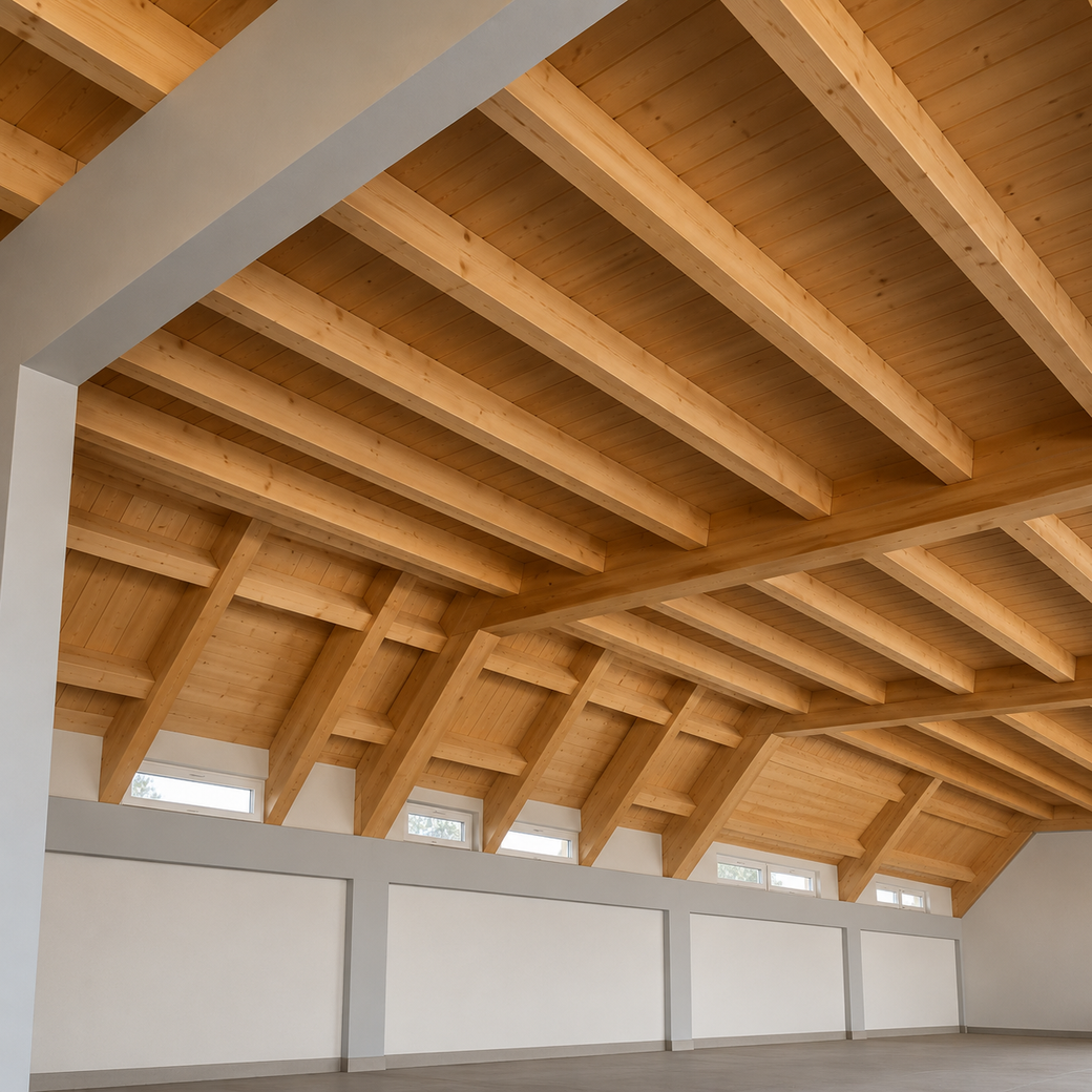 Interno con travi in legno a vista e soffitto inclinato in legno sopra pareti bianche.