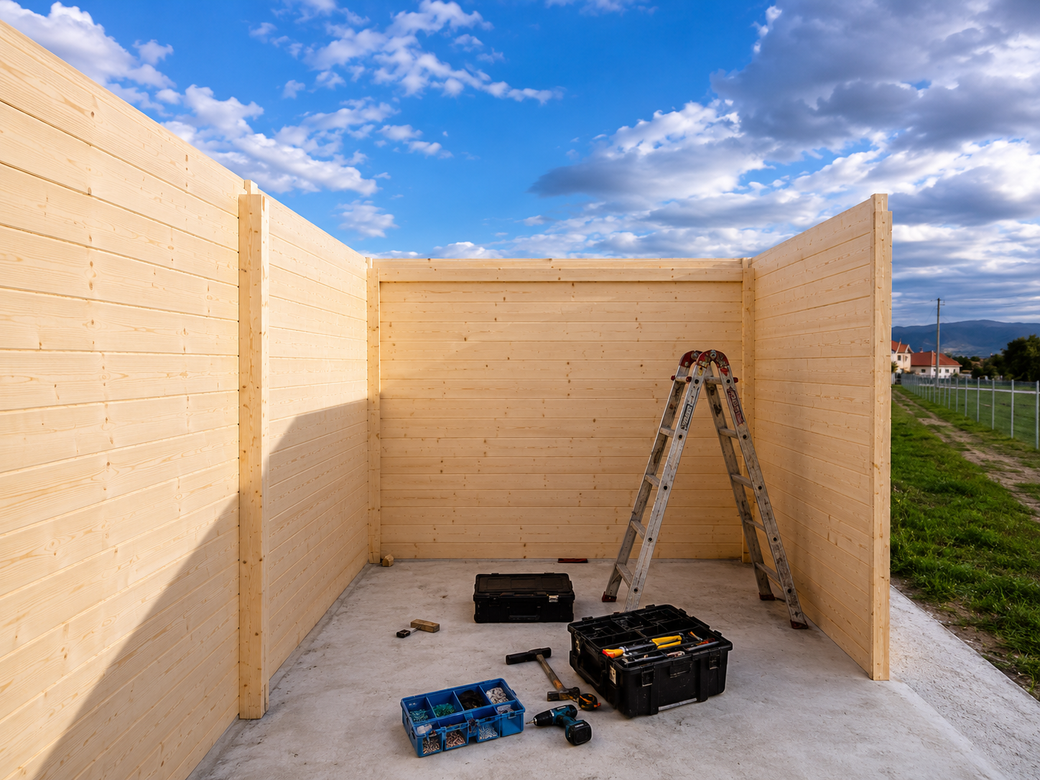 Pareti di una casetta di legno parzialmente costruita, con attrezzi e scala su una lastra di cemento all'aperto.