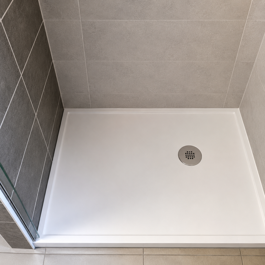 Box doccia bianco vuoto con scarico e pareti piastrellate grigie.