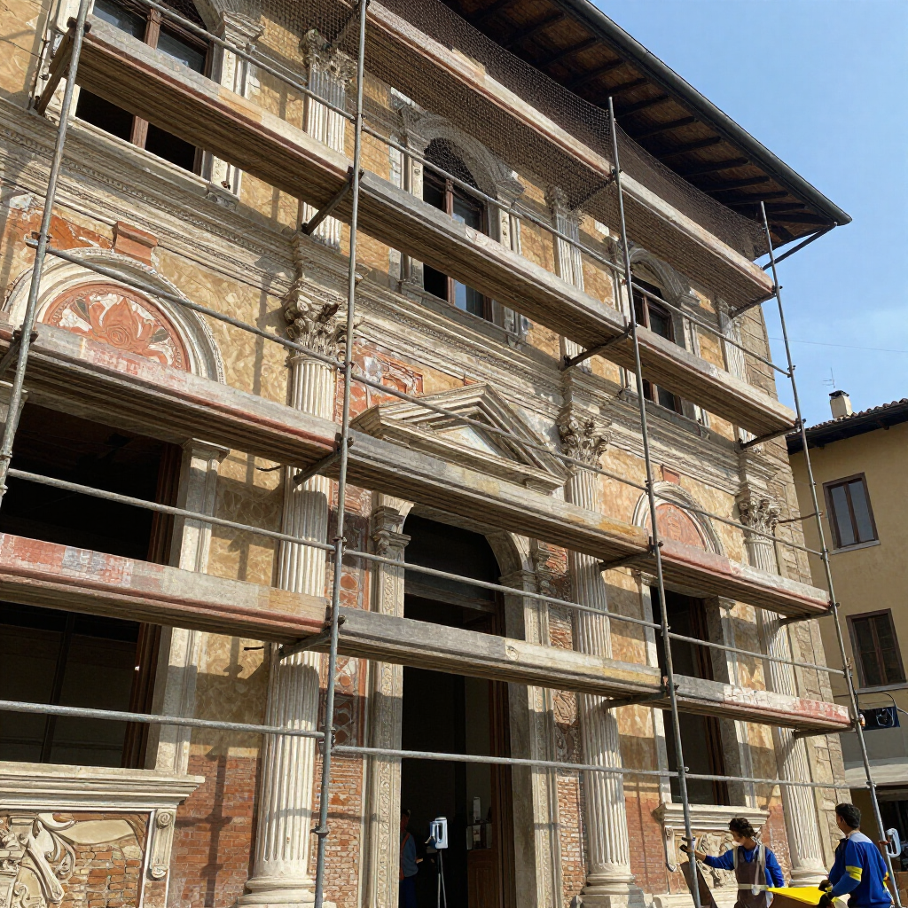 Ponteggi sulla facciata decorata di un edificio storico, con operai al piano terra.