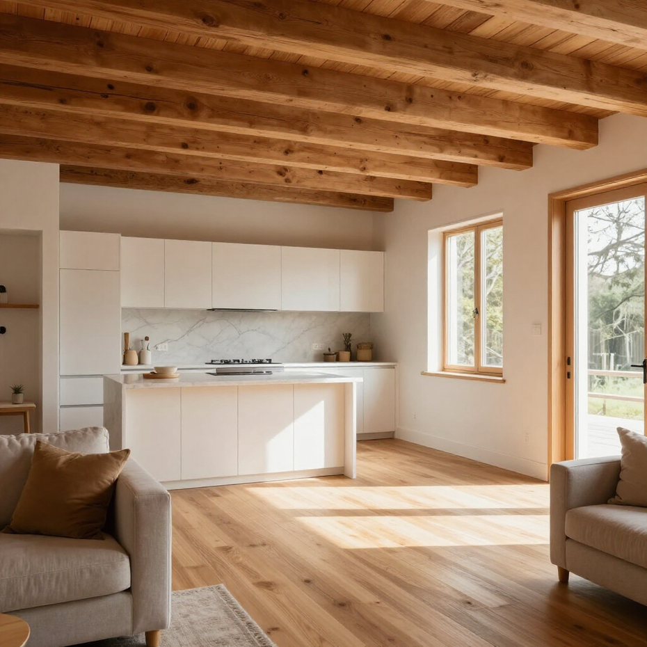 Soffitto a volta in legno con travi a vista sopra una parete interna bianca e piccole finestre
