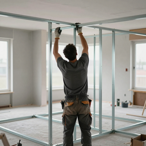 Un operaio edile installa una struttura metallica per il soffitto in una stanza luminosa e non rifinita.