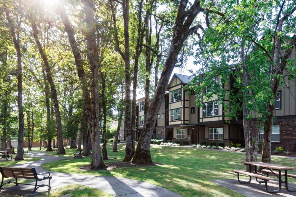 Park with tall trees, walkways, benches, and buildings with tan and brown exteriors at The Avery at Orenco Station, offers apartments near Orenco Station Town Center.