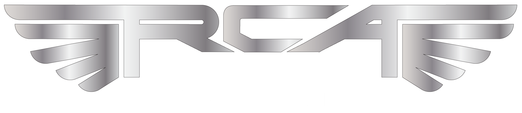 Stylized silver winged logo on a white background