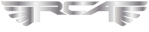 Stylized silver winged logo on a white background
