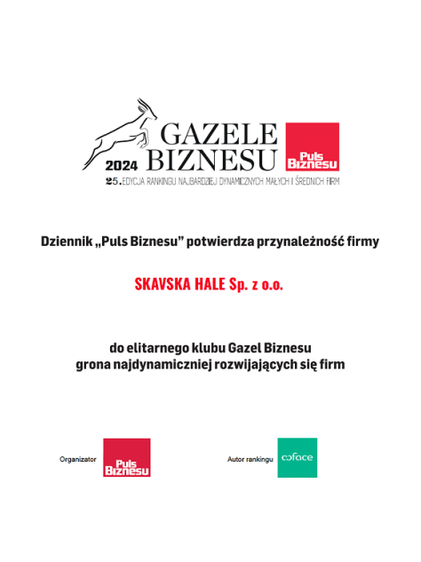 Certyfikat potwierdzający, że SKAVSKA HALE Sp. z o.o. jest dynamiczną firmą w klubie Gazele Biznesu Pulsu Biznesu 2024.