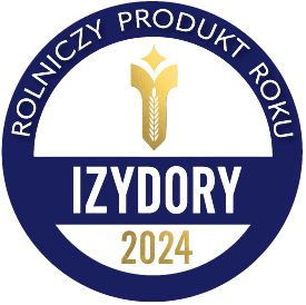 Niebieskie, okrągłe logo ze złotą ikoną pszenicy oraz napisami „ROLNICZY PRODUKT ROKU”, „IZYDORY” i „2024” w kolorze białym i złotym.