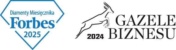 Loga nagród Forbes Diamonds 2025 i Business Gazelles 2024 wyświetlane obok siebie.