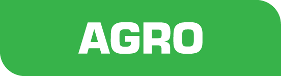 Słowo „AGRO” napisane pogrubionymi, białymi literami na zielonym, zaokrąglonym prostokątnym tle.