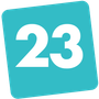 Blauw, schuin vierkant icoon met het cijfer 23 in wit.