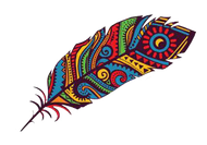 Colorful patterned feather with red, blue, yellow, and black tribal-style designs