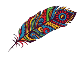 Colorful patterned feather with red, blue, yellow, and black tribal-style designs