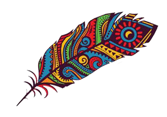 Colorful patterned feather with red, blue, yellow, and black tribal-style designs