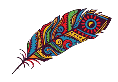 Colorful patterned feather with red, blue, yellow, and black tribal-style designs