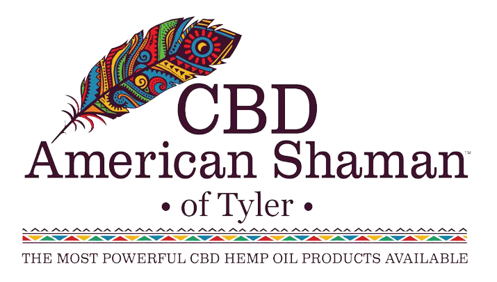 CBD American Shaman of Tyler logo with colorful feather and &ldquo;The Most Powerful CBD Hemp Oil Products Available&rdquo; tagline