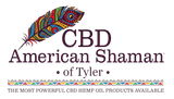 CBD American Shaman of Tyler logo with colorful feather and &ldquo;The Most Powerful CBD Hemp Oil Products Available&rdquo; tagline