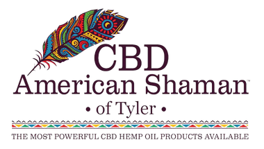 CBD American Shaman of Tyler logo with colorful feather and &ldquo;The Most Powerful CBD Hemp Oil Products Available&rdquo; tagline