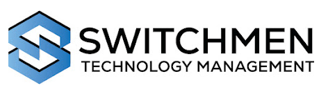 Logo for Switchmen Technology Management. A blue hexagonal shape with a stylized 