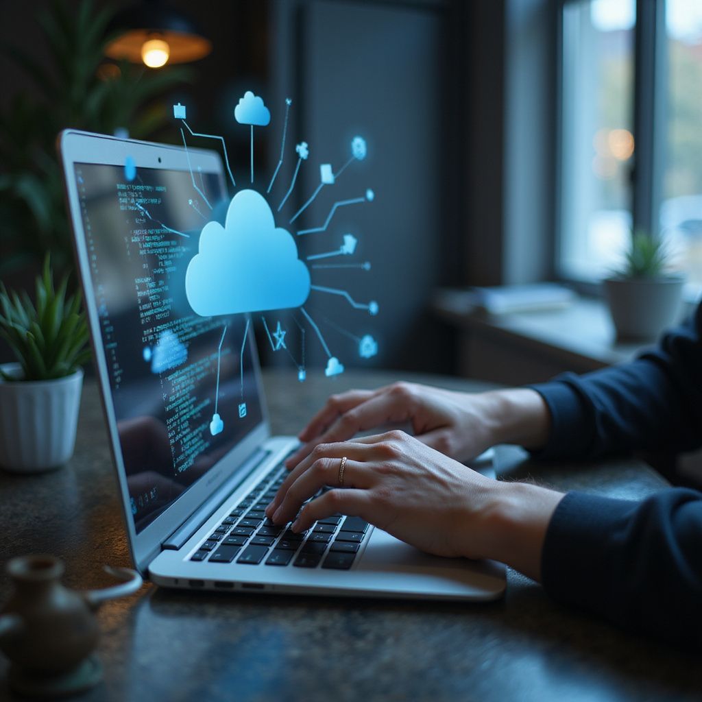 Person typing on a laptop with a cloud computing graphic, indoors.