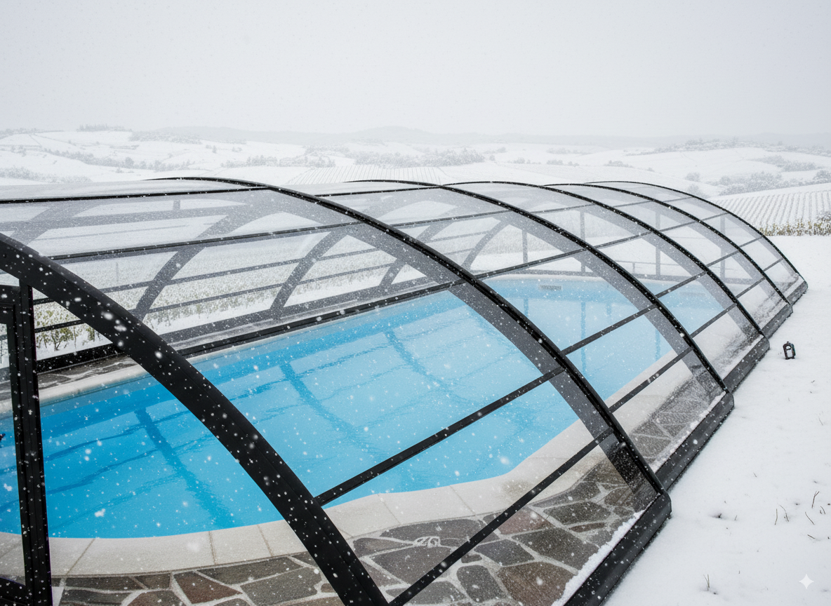 coprire la piscina quando nevica con una copertura per piscina alta, rigida e di colore nero