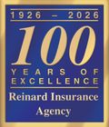 Blue and gold graphic celebrating Reinard Insurance Agency's 100th anniversary, 1926-2026.