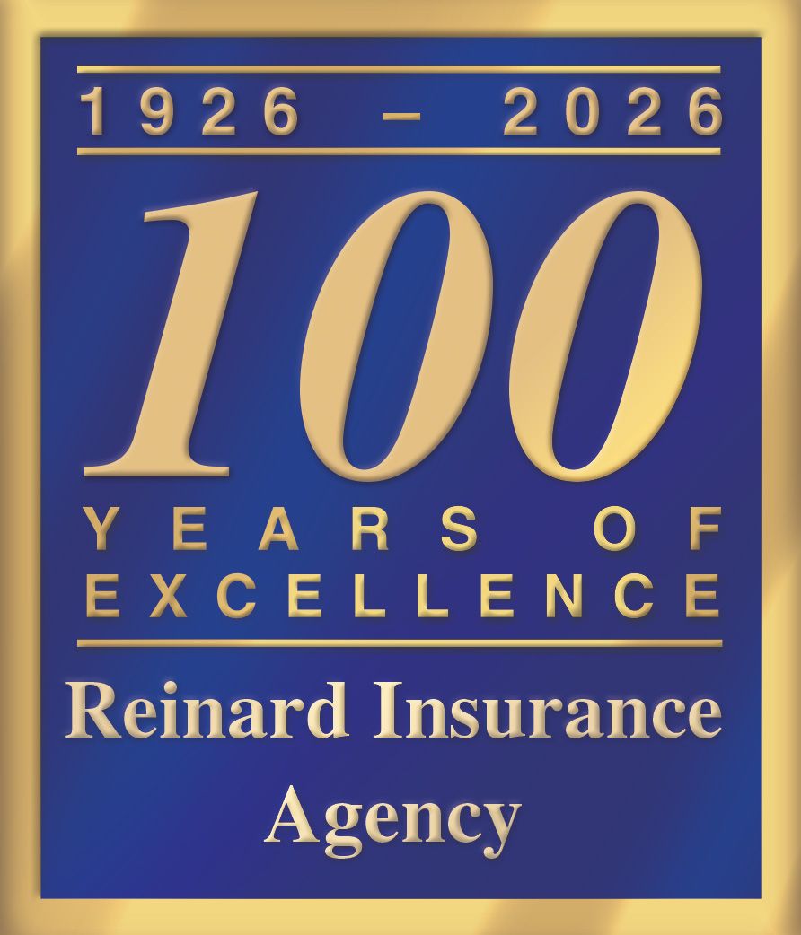 Blue and gold graphic celebrating Reinard Insurance Agency's 100th anniversary, 1926-2026.