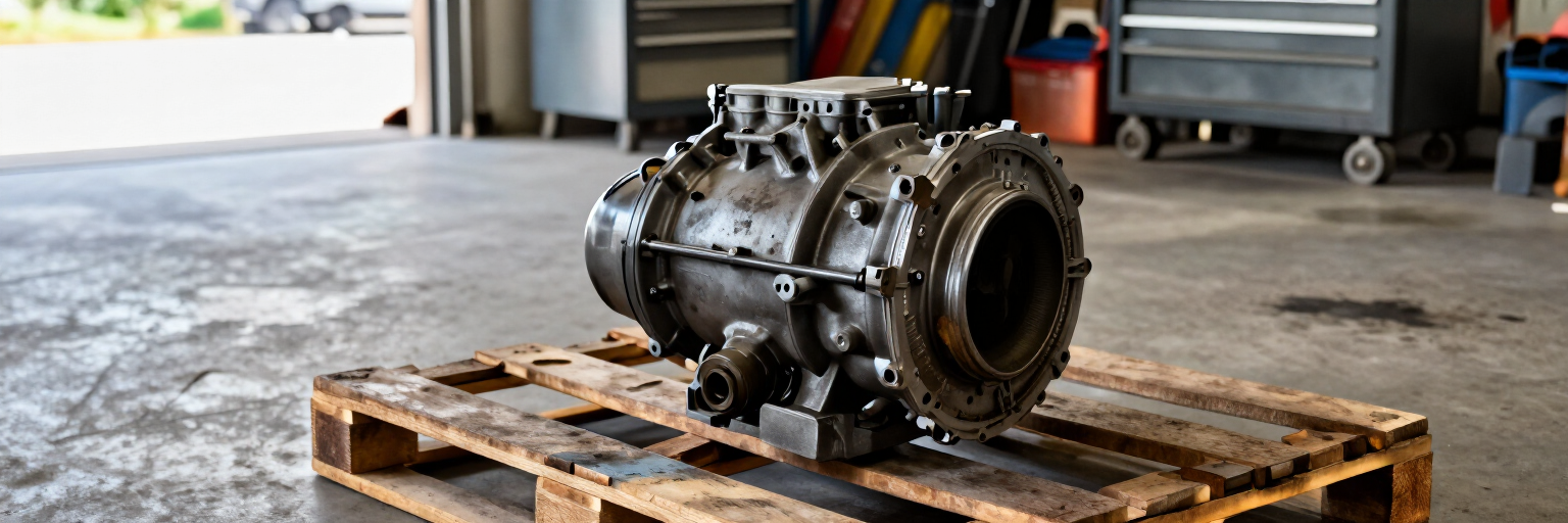 Automotive transmission engine on a workbench in a repair shop