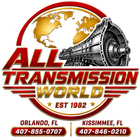 All Transmission World logo with globe and gearbox, Orlando and Kissimmee locations, phone numbers and est. 1982