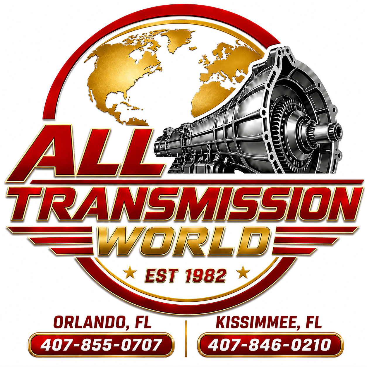All Transmission World logo with globe and gearbox, Orlando and Kissimmee locations, phone numbers and est. 1982