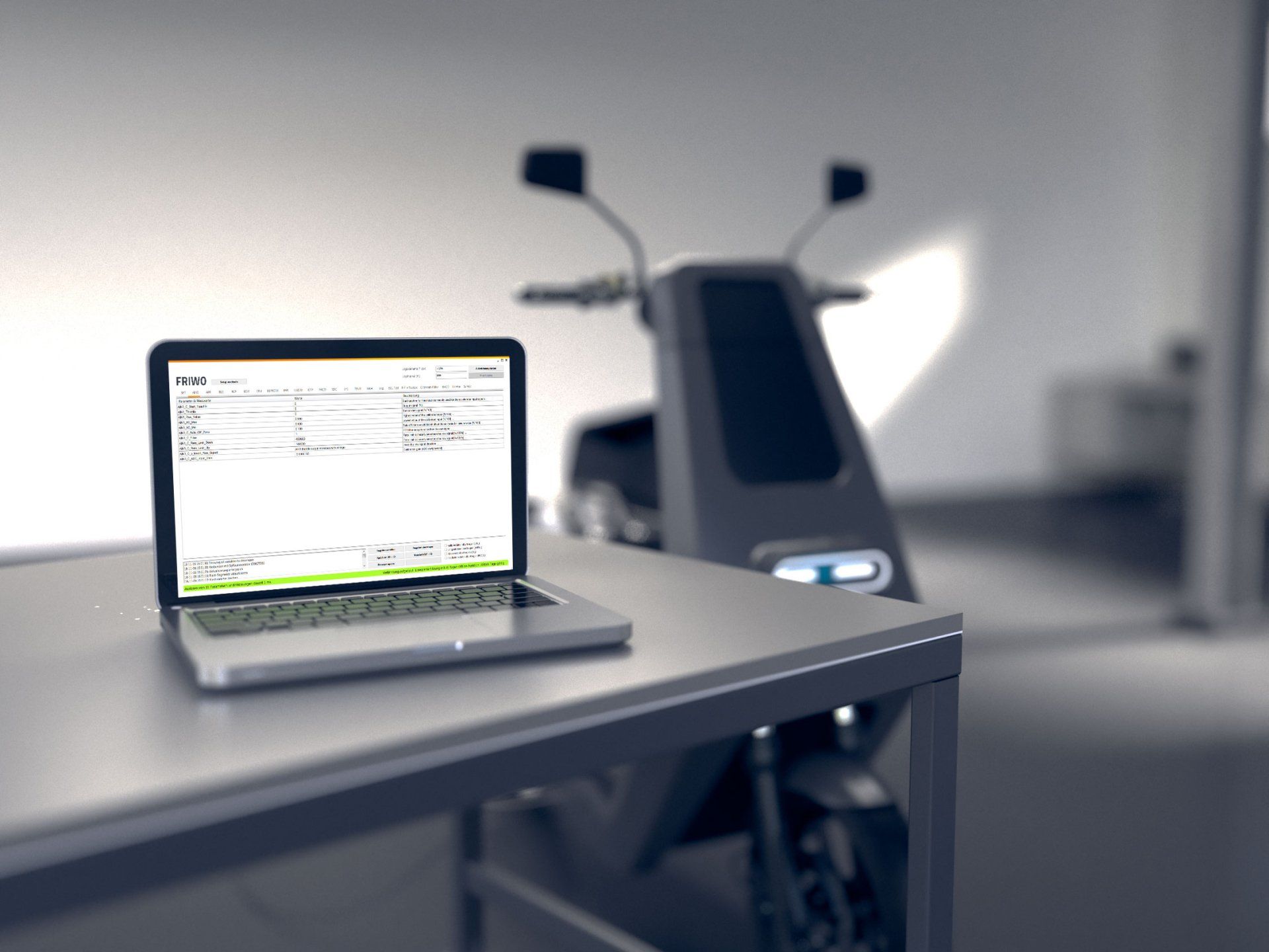A laptop is sitting on a desk in front of a scooter