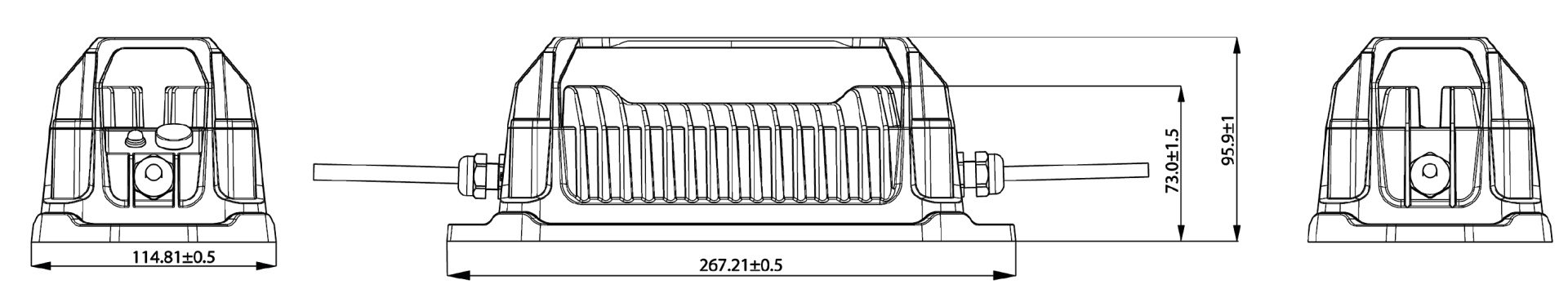 A black and white drawing of a charger with measurements