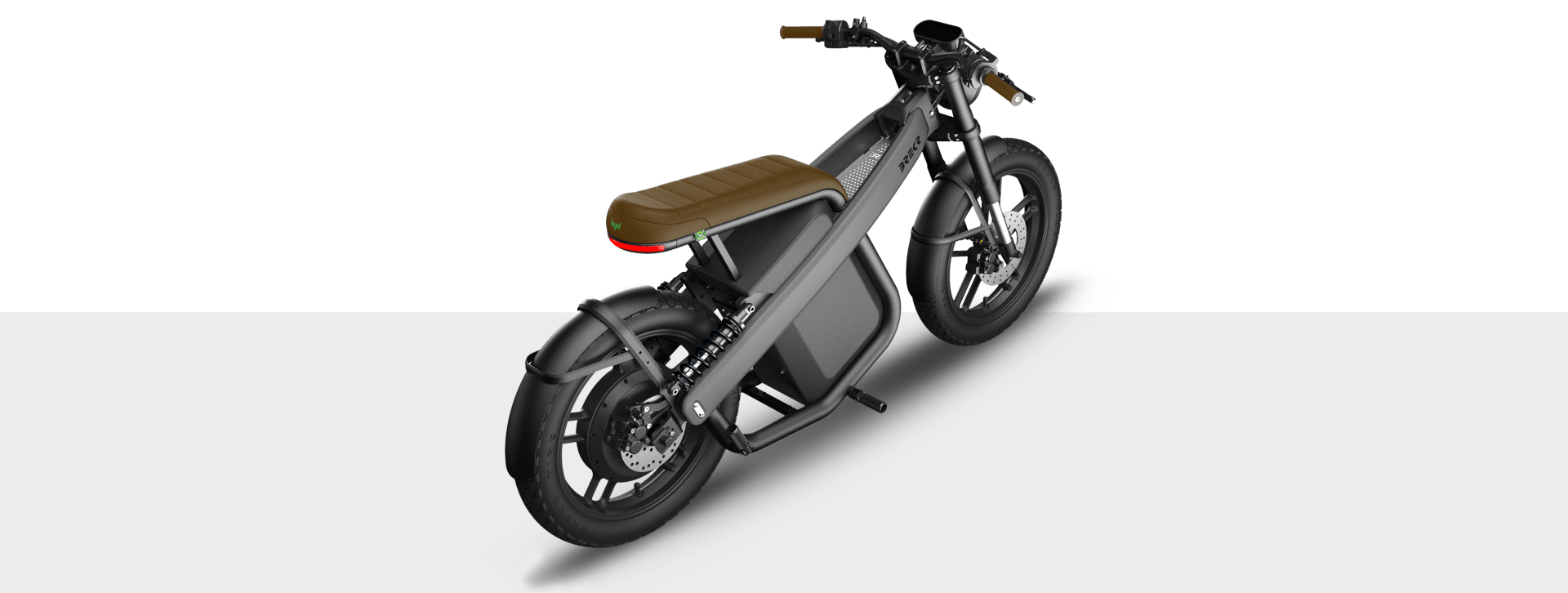 A black motorcycle with a brown seat is sitting on a white surface.