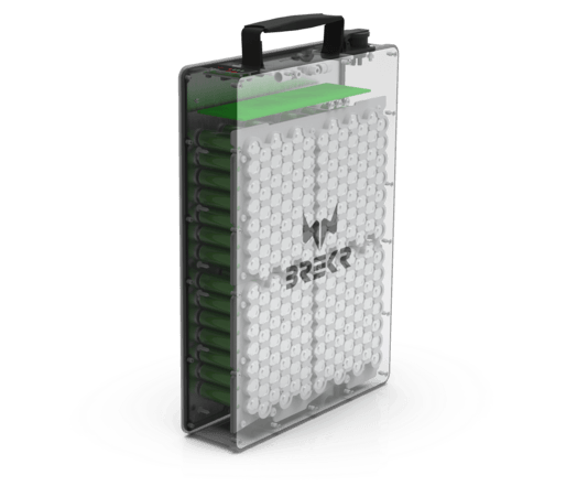 A briefcase with a handle and a green lid filled with batteries.