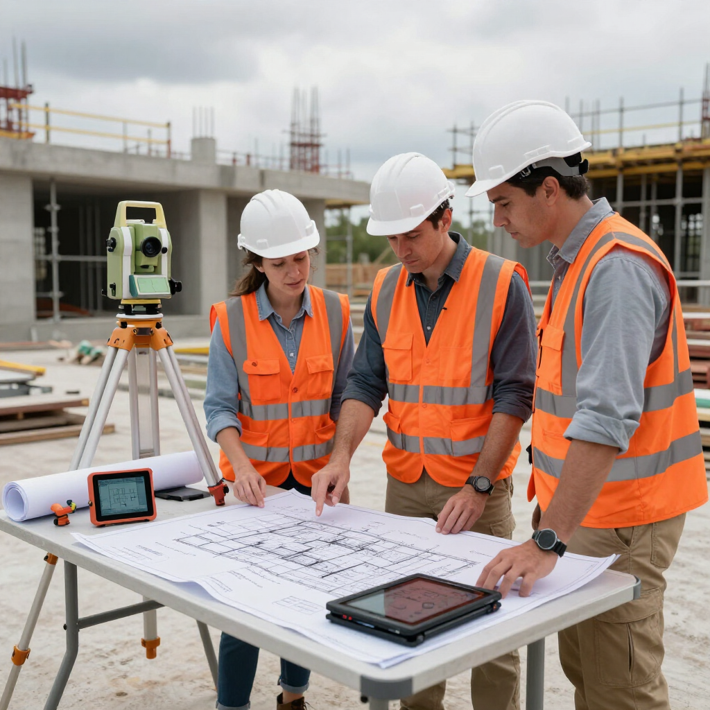 Obreros de la construcción con chalecos naranjas revisan planos en una obra con equipo de topografía.