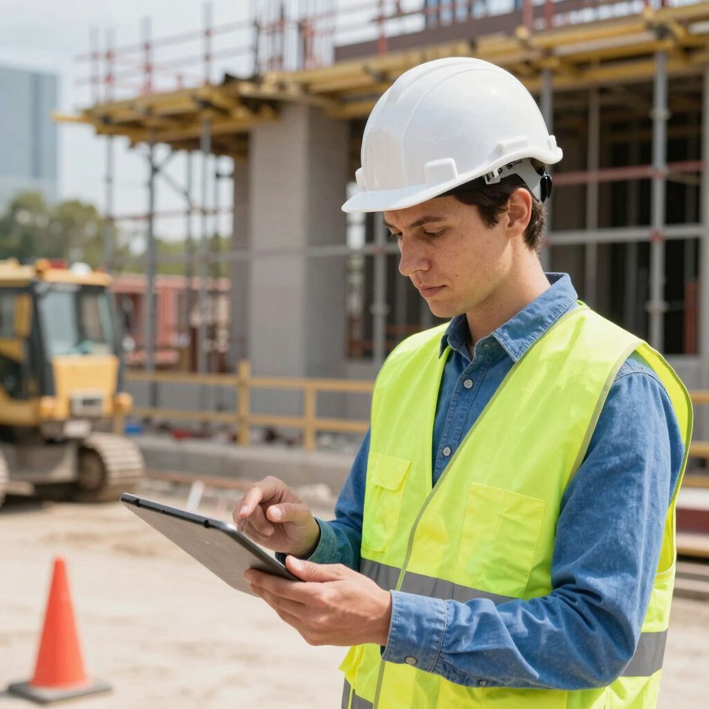 Obrero de la construcción con casco y chaleco de seguridad usando una tableta en una obra.