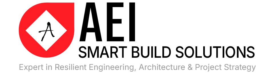 Logotipo de AFI Smart Build Solutions con escudo rojo y texto negro sobre fondo blanco.