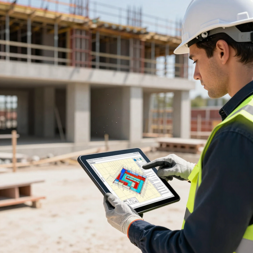 Obrero de la construcción revisando planos de construcción en una tableta en una obra.